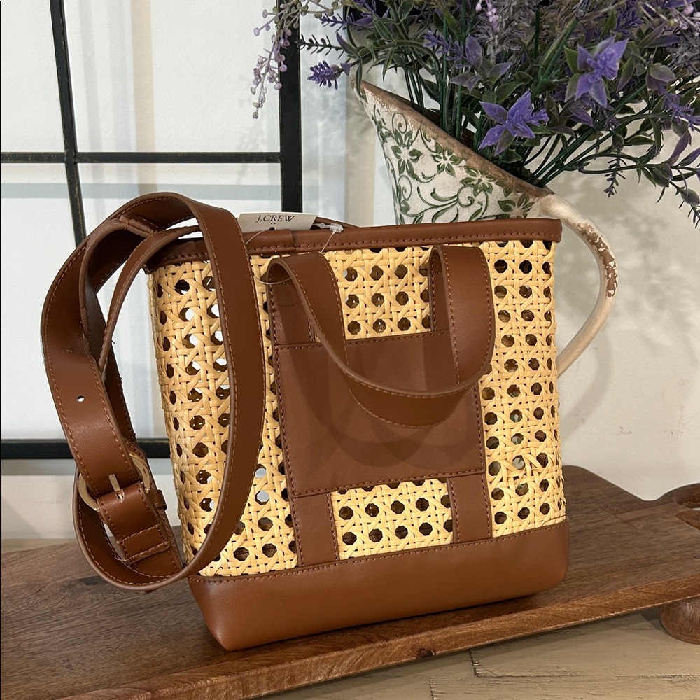 J. Crew Brown Leather and Natural Woven Crossbody Bag